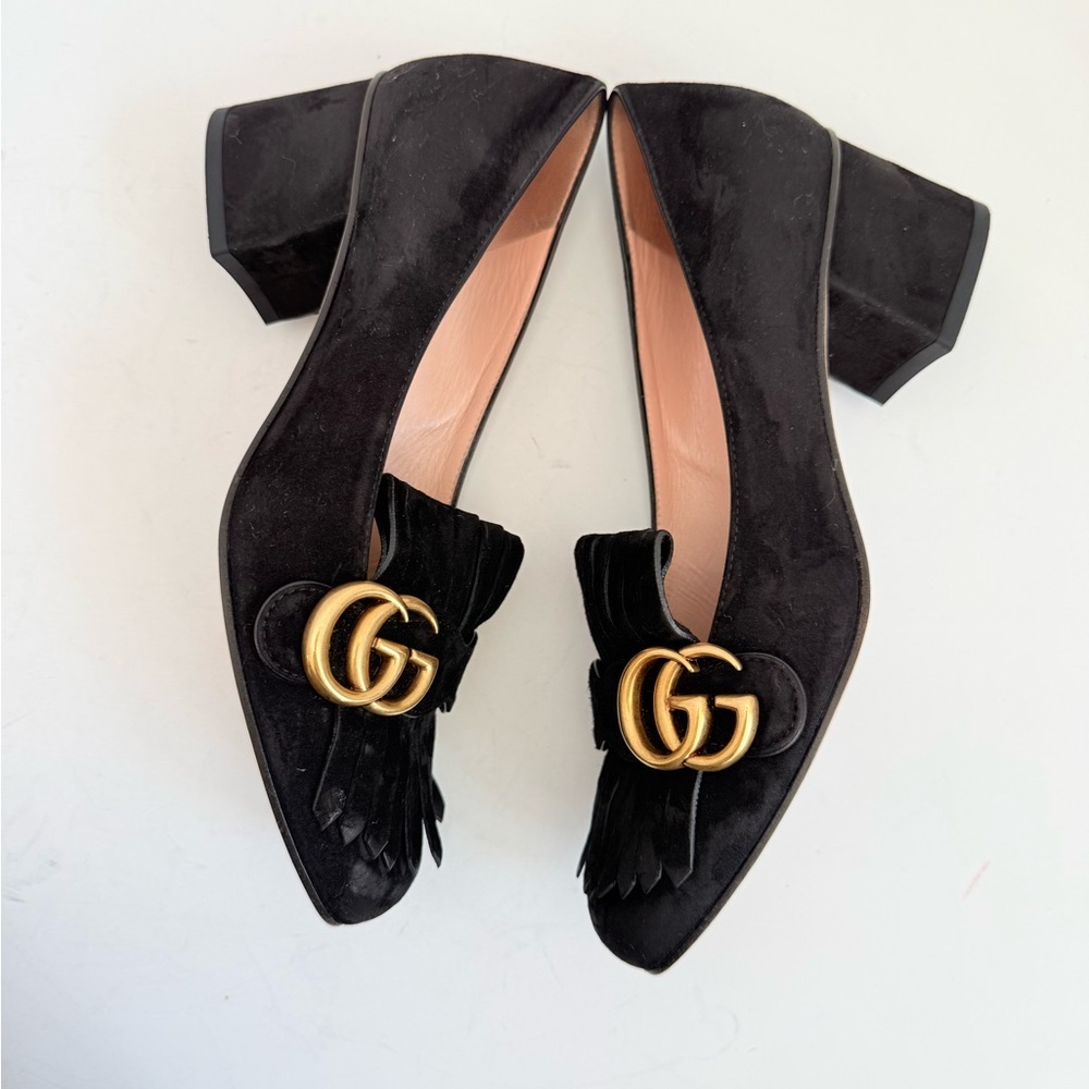 Gucci Black Suede Leather Marmont GG Fringe 55mm Loafer Pumps EU 37.5 - Picture 3 of 11